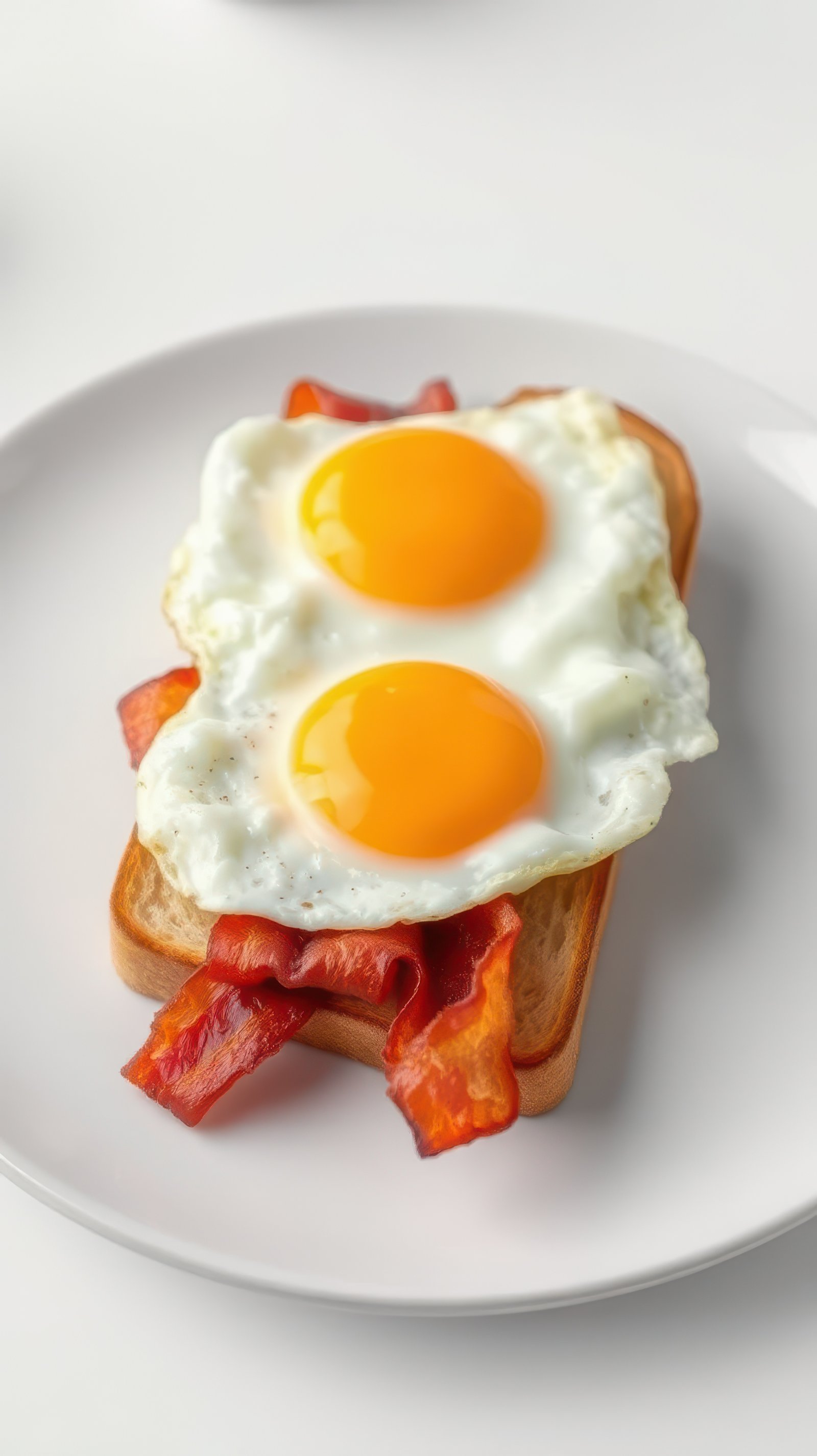 Breakfast featuring two sunny-side-up eggs on toast with crispy bacon strips served on a white plate